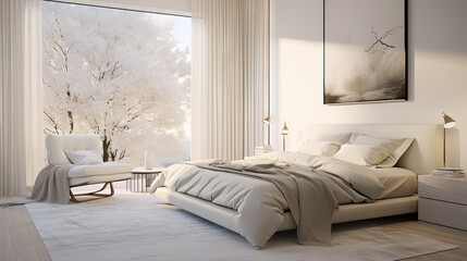  a white bedroom with a large window and a white bed.  generative ai