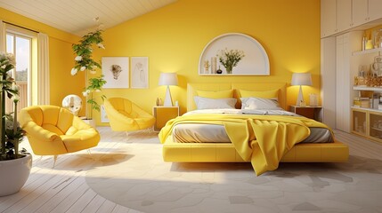  a bedroom with yellow walls and furniture and a large window.  generative ai