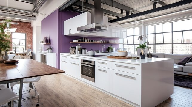  a kitchen with purple walls and white cabinets and a wooden table.  generative ai