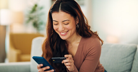 Woman, phone or credit card for ecommerce, online shopping or bank app in Colombian house living...