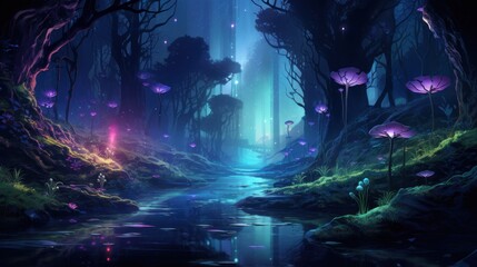 Fototapeta premium Futuristic wilderness at night, where bioluminescent plants and neon creatures thrive in an electrifying ecosystem