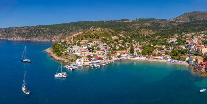 Aerial view of coastline near Zola, Kefalonia, Ionian Islands, Greek Islands, Greece
