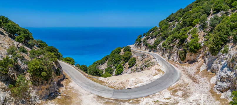 Aerial view of coastline near Zola, Kefalonia, Ionian Islands, Greek Islands, Greece