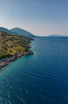Aerial view of coastline near Zola, Kefalonia, Ionian Islands, Greek Islands, Greece