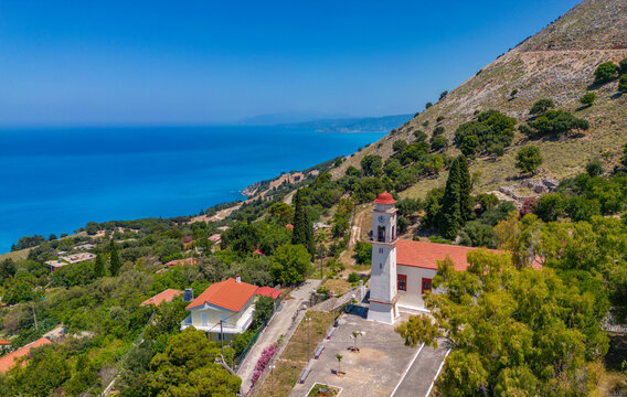 Aerial view of coastline near Zola, Kefalonia, Ionian Islands, Greek Islands, Greece