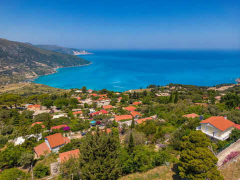 Aerial view of coastline near Zola, Kefalonia, Ionian Islands, Greek Islands, Greece