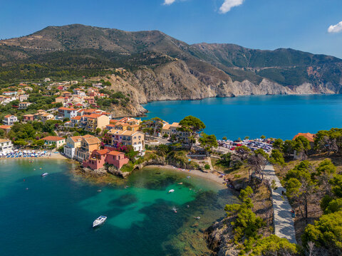 Aerial view of coastline near Zola, Kefalonia, Ionian Islands, Greek Islands, Greece