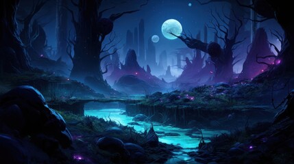 Futuristic wilderness at night, where bioluminescent plants and neon creatures thrive in an electrifying ecosystem