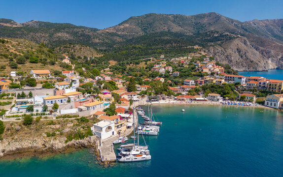 Aerial view of coastline near Zola, Kefalonia, Ionian Islands, Greek Islands, Greece