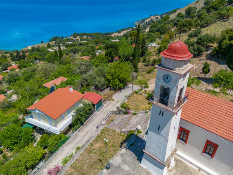 Aerial view of Greek Orthodox Church and coastline near Zola, Kefalonia, Ionian Islands, Greek Islands, Greece