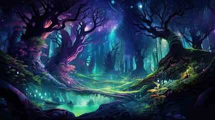 Fototapeta premium Futuristic wilderness at night, where bioluminescent plants and neon creatures thrive in an electrifying ecosystem