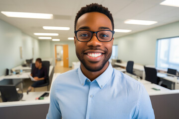 Fototapeta premium Corporate Charm: Selfie of a Man in His Workspace