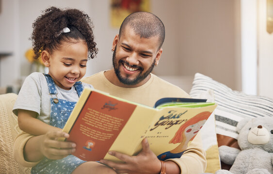 Dad, girl and book on sofa with bonding, smile and love in storytelling in living room together. Happiness, father and daughter reading story on couch for fantasy, learning and education in home fun.