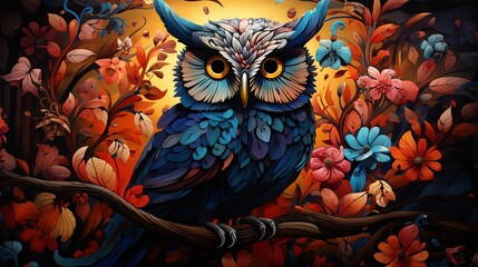  a painting of an owl sitting on a branch with flowers.  generative ai
