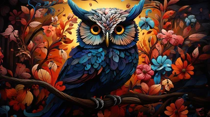 Fototapeten  a painting of an owl sitting on a branch with flowers.  generative ai © Nadia