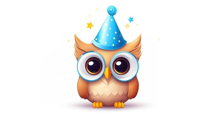  an owl with a party hat and glasses on it's head.  generative ai