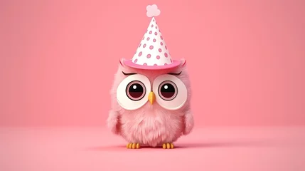 Küchenrückwand glas motiv  a pink owl wearing a party hat with big eyes and big eyes.  generative ai © Nadia