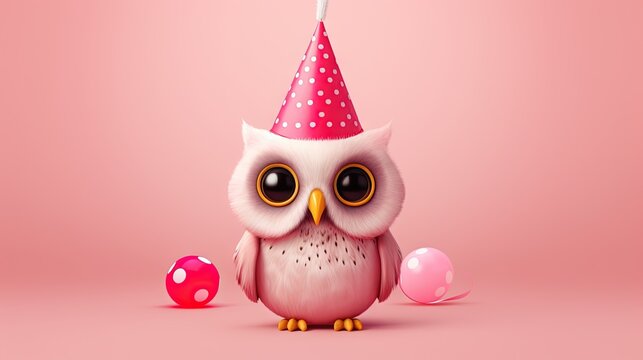  a white owl wearing a pink birthday hat with a pink polka dot dot dot dot dot dot.  generative ai