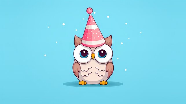  an owl with a party hat sitting on a blue background.  generative ai
