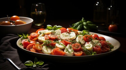 Mozzarella cheese with cherry tomatoes, balsamic and basil. The concept of organic salad of Mediterranean cuisine. Generative AI.