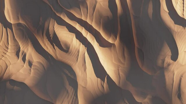 Dawn in the desert, aerial dolly shot from the top. 3d animation.