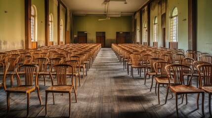 Fototapeta na wymiar A vast, vacant university classroom with wooden chairs. A college lecture hall with well organized hardwood chairs. Empty classroom with antique looking wooden chairs. returning to school concept