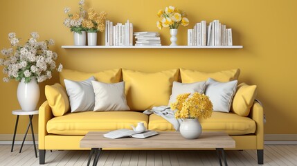  a living room with a yellow couch and a table with flowers.  generative ai