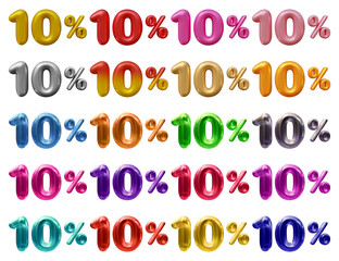 Set of 10 percent in 3d rendering isolated on transparent background for discount, promotion and sale concept