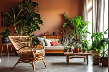 An inviting rattan armchair, a black coffee table, tropical plants in a basket, beige macrame on the wall, and minimalist style characterize this living room. The walls are eucalyptus colored.