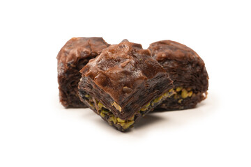 Turkish chocolate baklava isolated on white background.