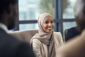 Joyful Hijab-Wearing Woman Smiles from Chair