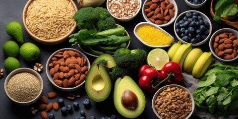 Carbohydrate rich meals on a gray background. Vegan meals high in fiber, antioxidants, vitamins, and minerals