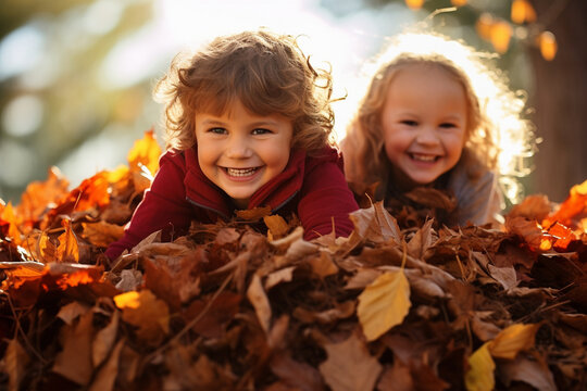 Children Playing in a Pile of Colorful Leaves, Thanksgiving, natural light, affinity, bright background Generative AI
