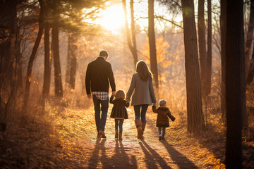 Family Walking in a Sunlit Forest, Thanksgiving, natural light, affinity, bright background Generative AI