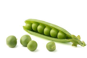 Peas in a pea pod and on a white background.