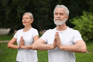 Senior couple practicing yoga in park, selective focus