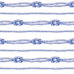 Seamless pattern of rope cords with knots. Hand drawn illustration graphics. Hand painted blue elements on white background.