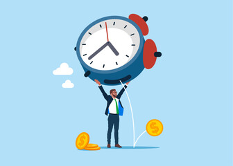 Businessman holding a watch with leaking money. Flat vector illustration - obrazy, fototapety, plakaty