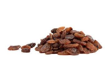Sweet pitted raisins isolated on white background.