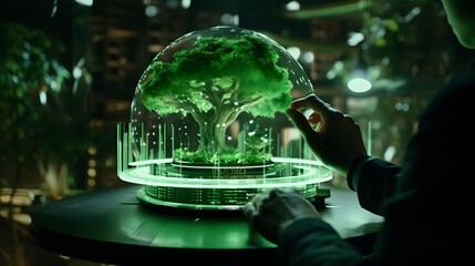 Scientist examining green energy tree holographic projection in nature landscape, ai generative