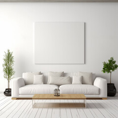 Serenity In Simplicity: Living Room With Empty White Wall And Comfortable Setup