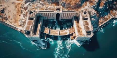 Aerial shot of a dam or other hydroelectric project at a reservoir taken from a drone. Using electricity to drain water via a gate