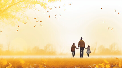 Family Harvest Walk in a Vibrant Park, Thanksgiving background, wide banner with copy space area Generative AI