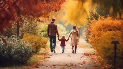 Obraz premium Family Harvest Walk in a Vibrant Park, Thanksgiving background, wide banner with copy space area Generative AI