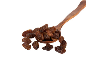 Wooden spoon with raisins on a white background.
