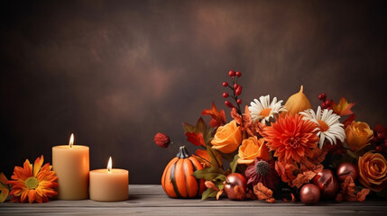 Naklejka na ściany i meble Thanksgiving Floral Arrangement with Candles, Thanksgiving background, wide banner with copy space area Generative AI