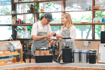 Barista at a coffee shop preparing filter coffee, Cheerful barista wearing apron while preparing coffee at an automatic machine in a modern beverage cafe, Professional hipster barista making drip brew