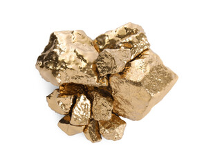 Pile of shiny gold nuggets on white background, top view