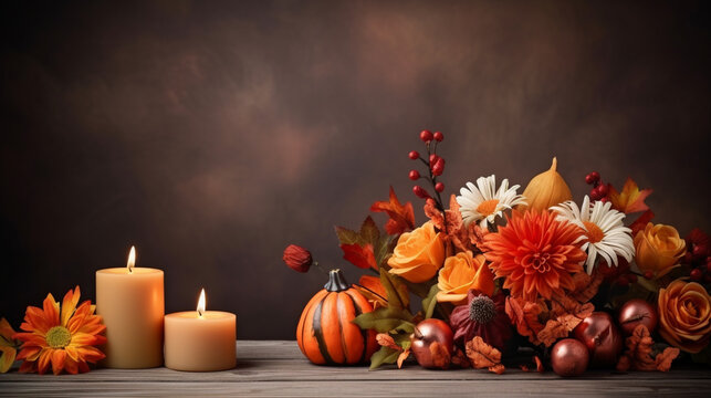 Thanksgiving Floral Arrangement with Candles, Thanksgiving background, wide banner with copy space area Generative AI