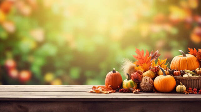 Festive Outdoor Table Set with Fall Decor, Thanksgiving background, wide banner with copy space area Generative AI